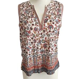 Lucky Brand Sleeveless Floral V-Neck Top - White with Rust & Blue Size SP